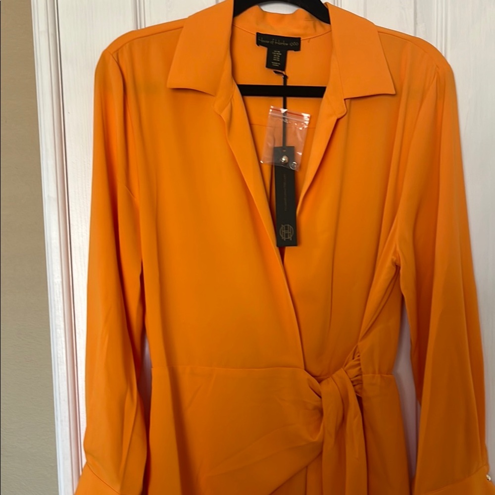 Orange Asymmetrical Wrap Dress with Notched Collar Sz M - Picture 3 of 5